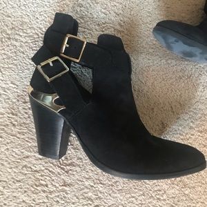 Modern gold buckle booties suede